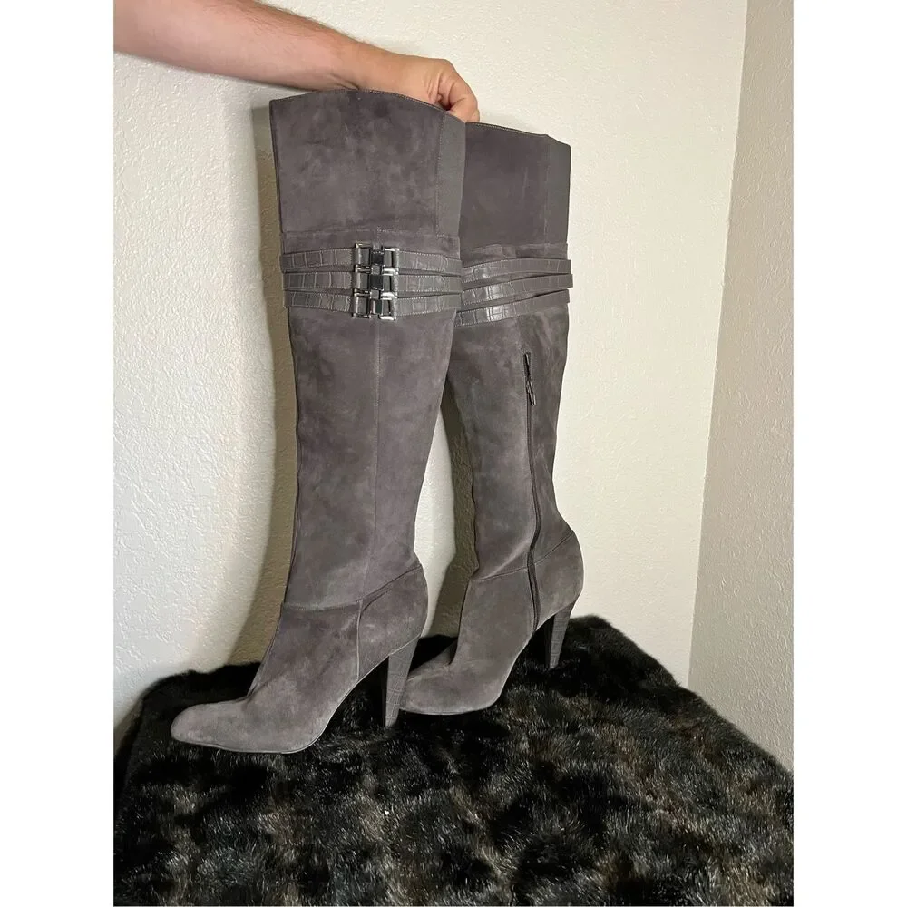 Women's Over-the-Knee Suede Heeled Boots - Gray - Picture 7 of 9